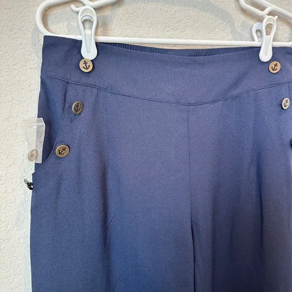 NWT Modcloth Navy Blue Nautical Wide Leg Pull on Trousers - Size Large - Picture 2 of 8